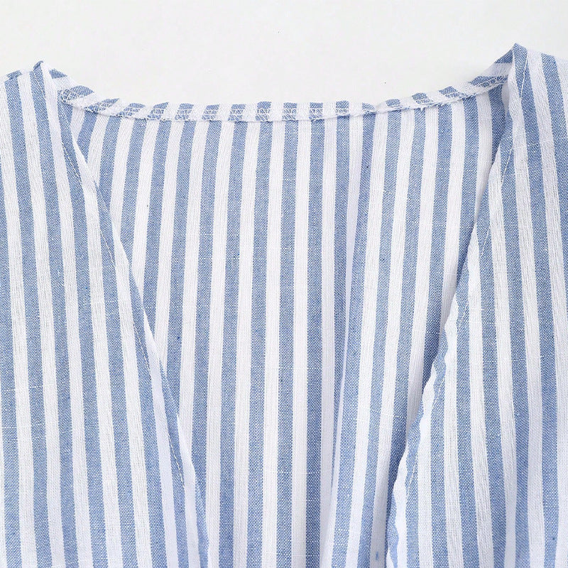European And American Style Striped Long-sleeve Tie-waist Women's Shirt