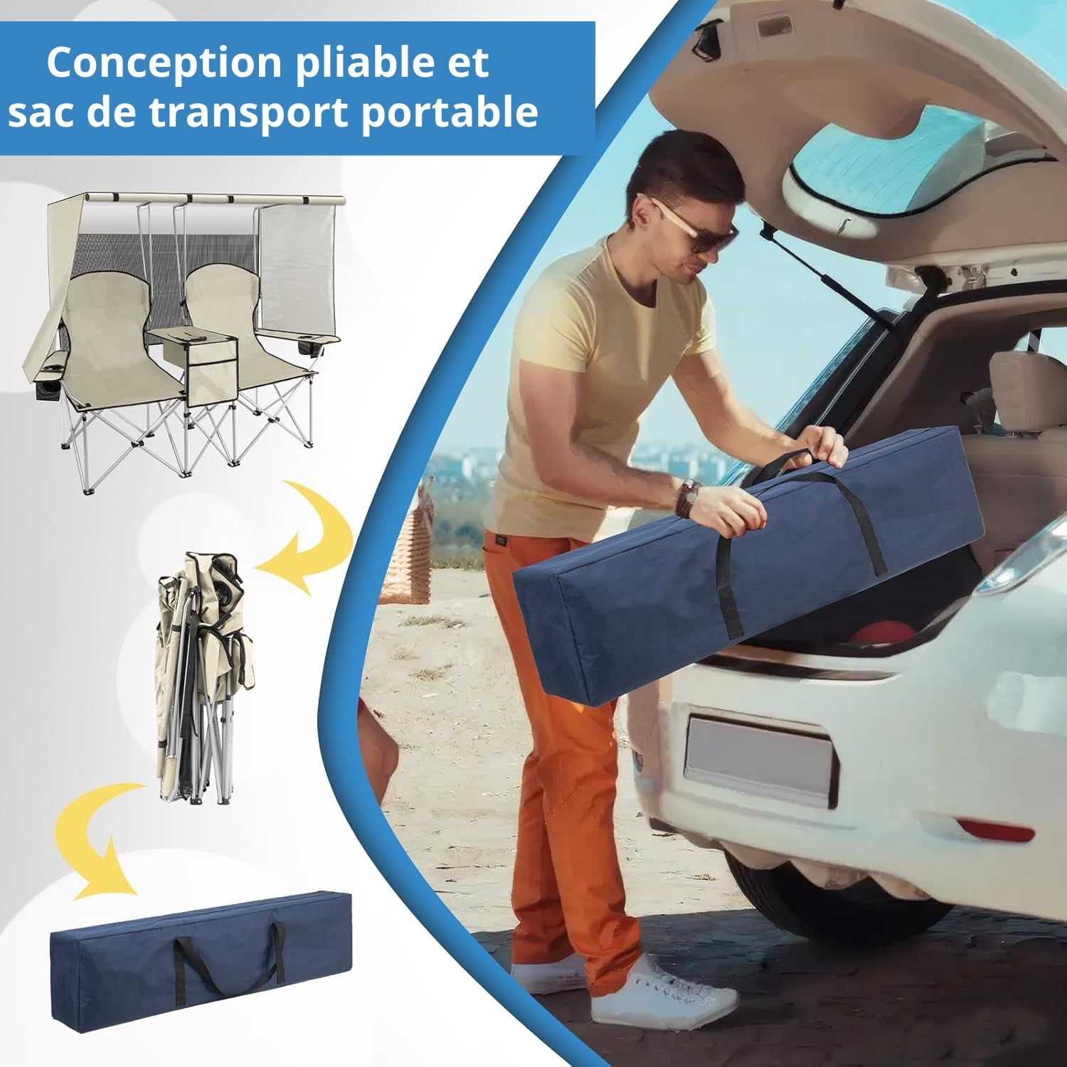 Chaise de Plage Double avec Auvent