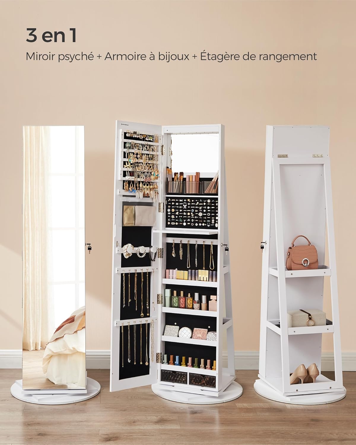 Armoire à Bijoux Rotatif avec Miroir